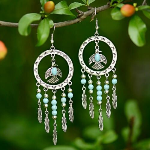 Silver Bohemian Round Thunderbird Earrings with Turquoise