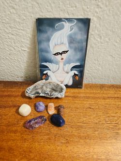 Crystal Agate Geode Slice w 5 Polished Stones & Pam Hill Print Local Artist Stockley Gardens all $10
