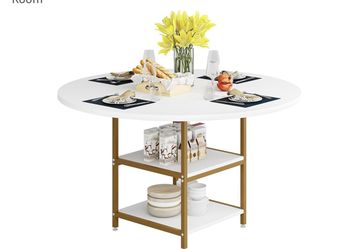 LITTLE TREE 47 inch Round Dining Table for 4, Small Circle Kitchen Table Dining Room Tables with Storage Shelf, White Wooden Dinner Table with Gold Me