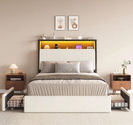 Upholstered Twin LED Bed Frame with 2 Storage Drawers & Charging Station Corduroy Platform Bed with 3-Tier Storage Bookcase Headboard, Heavy Duty Meta