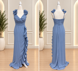 Dusty Blue Floral Ruffle Wrap Gown