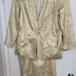 Vintage Natasia Collection New York 1980s Crinkle Gold Skirt Suit Plus Size 18