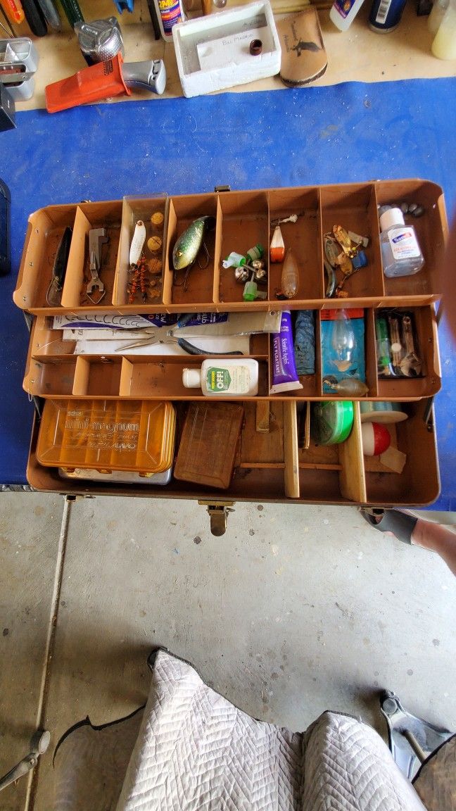 Vintage Fishing Box With Fishing Gear