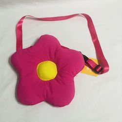 Pink puffy flower Fanny waist bag with a yellow center zipper closures pink