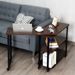 360° Rotating Sofa Side Table with Storage Shelves & Wheels-Walnut