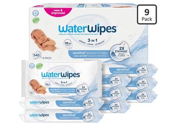 WaterWipes Sensitive+ Newborn & Baby Wipes, 3-In-1 Cleans, Cares, Protects, 99.9% Water, Unscented & Hypoallergenic, 540 Count (9 Packs)