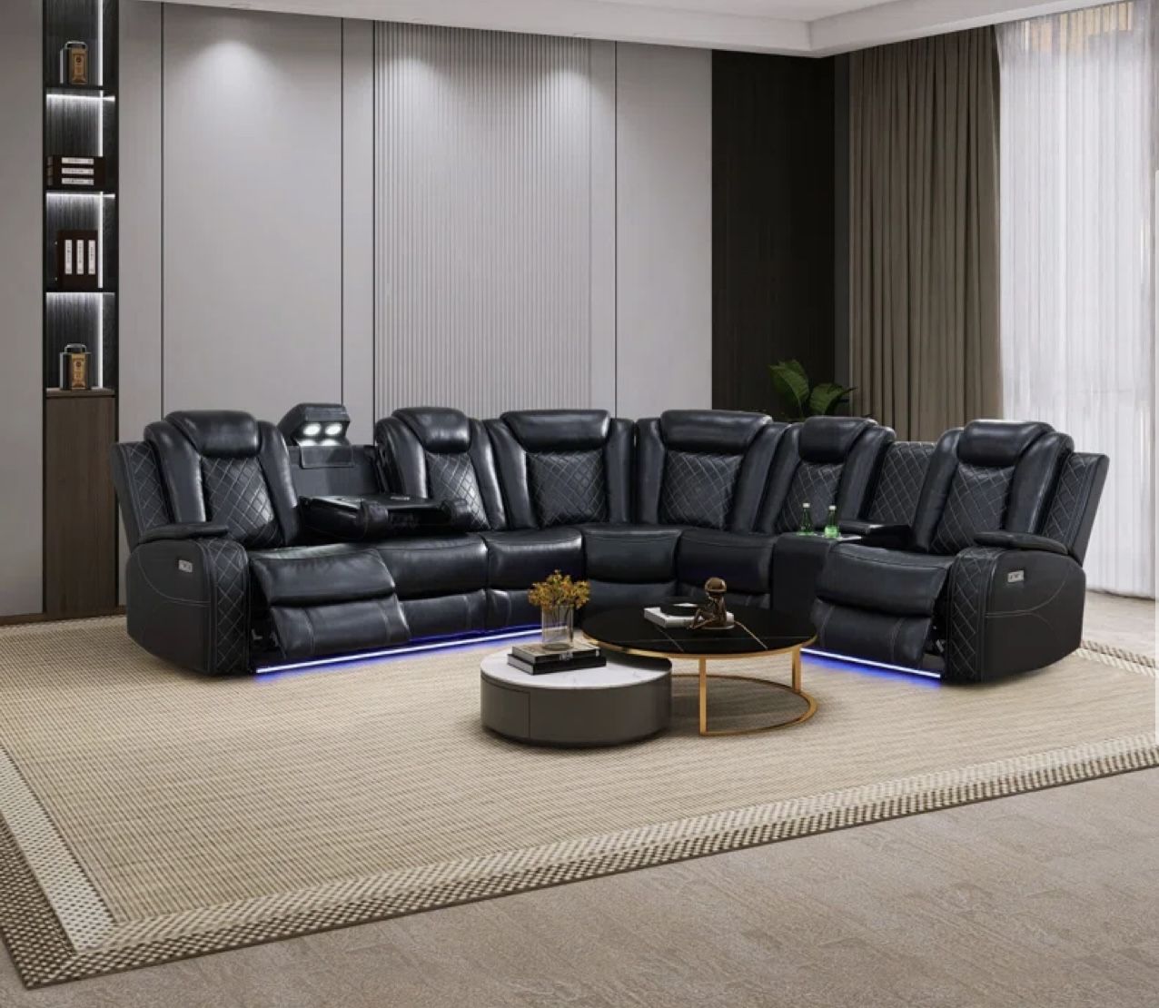 Power Electric Black Leather Fully Reclining Sectional Couch