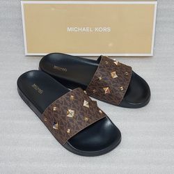 Michael Kors designer slides sandals. Size 9 women's shoes. Brown MK. Brand new in box 