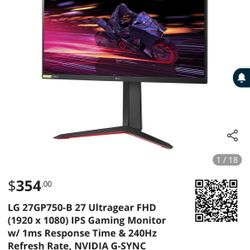 Like New 27 Inch LG Ultragear 240hz Gaming Monitor with G-Sync