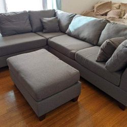 Brand New Gray Linen Sectional Sofa +Ottoman (New In Box) 