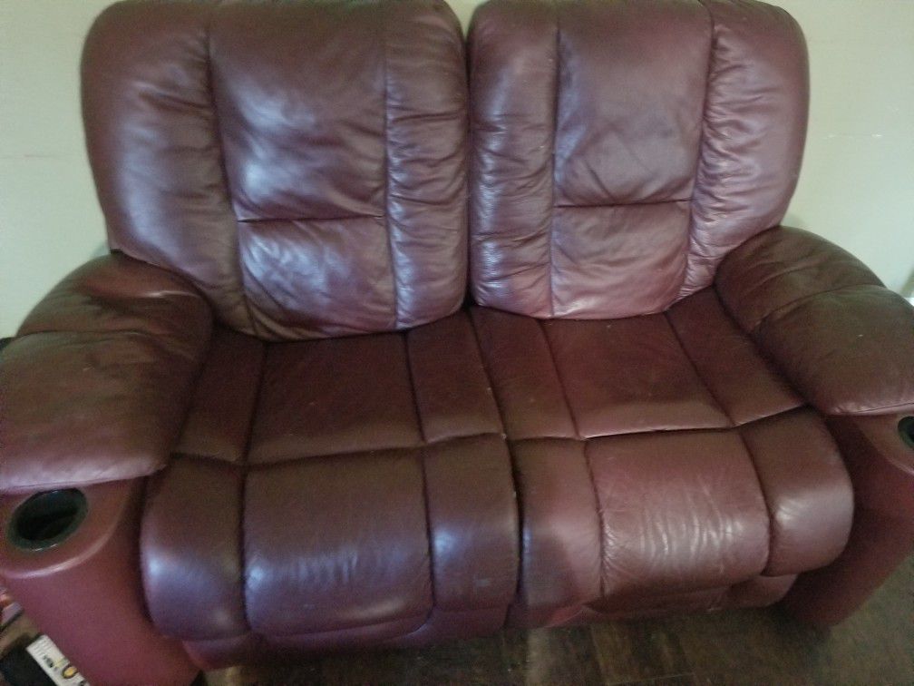 Burgundy leather sofa recliner/loveseat