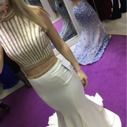 Jovani White & Gold Prom Dress-Size 2