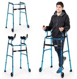 Blue Folding Walker with Wheels and Arm Rests