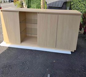 Light Wood Sideboard with Glass Shelves