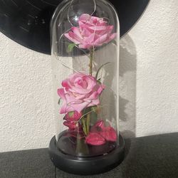 Pink faux roses display with fairy lights