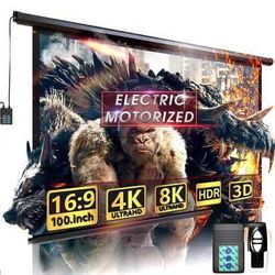 New 100" Motorized Projector Screen - Indoor/ Outdoor Movies Screen 100” Electric 16:9, w/ remote