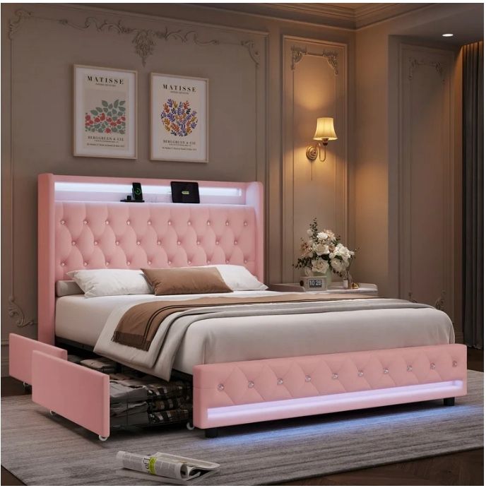 Full size pink velvet bedframe with four storage drawers and charge station pink velvet