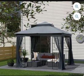 10x10 Patio Double Roof Vent Metal Gazebo Canopy w/Mosquito Netting in Dark Gray