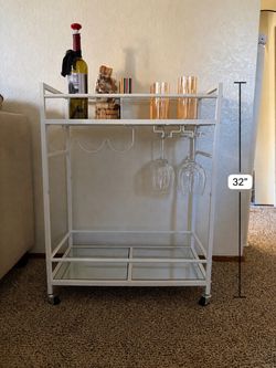 White Metal Bar Cart with Glass Shelves