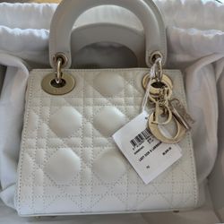 Christian Dior Mini Lady Dior Bag White Lambskin with Gold Hardware Brand New with Tag – Full Set - Giftable 
