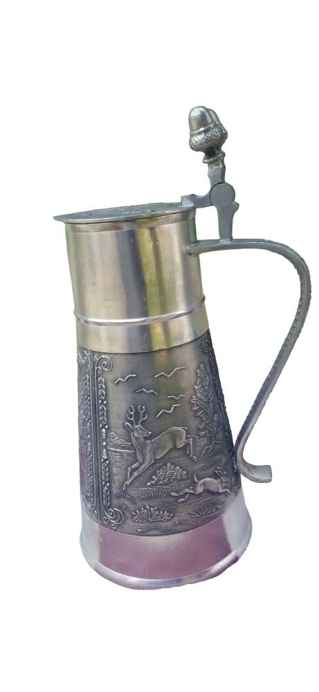 ANTIQUE DETAILED MULTI FIGURE GERMAN PEWTER 12" STEIN TANKARD GERMANY EARLY 1900
