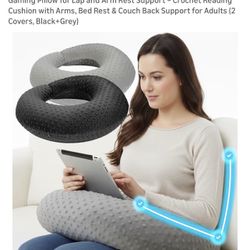 Comfortable crochet reading cushion with arms. Ideal for bed rest and couch back support. Includes two covers in black and gray. New Great gift. 