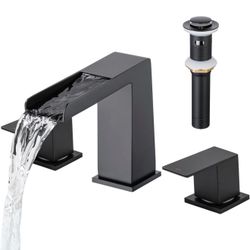 Hamoler 8 Inch Bathroom Sink Faucet 3 Hole Waterfall Black Basin With Drain