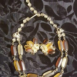 c1960 Unique Frosted Amber Glass Beaded Choker Necklace & clip-on cluster earring set ~ West Germany 