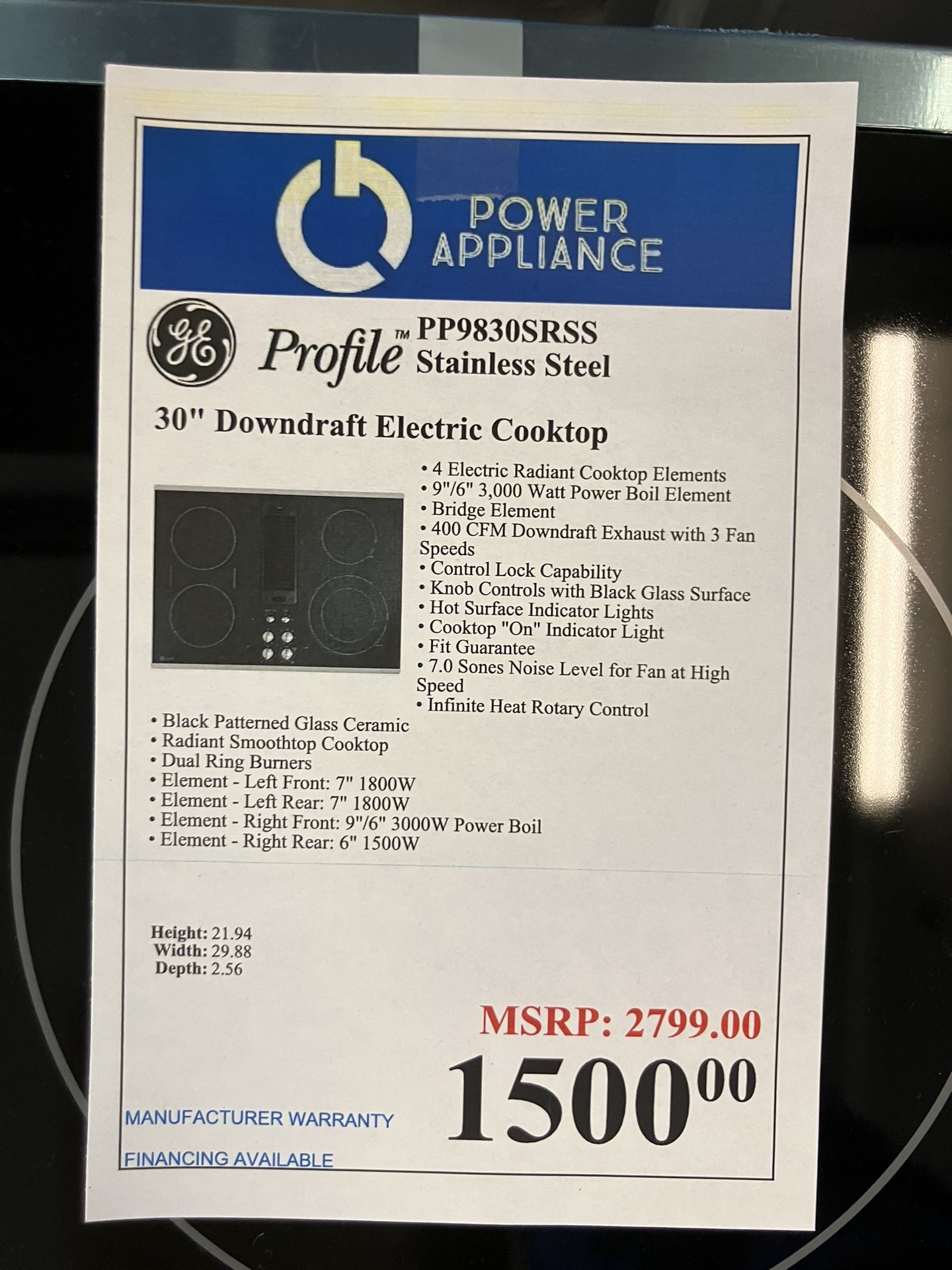 GE Profile Stainless Steel 30" Downdraft Electric Cooktop