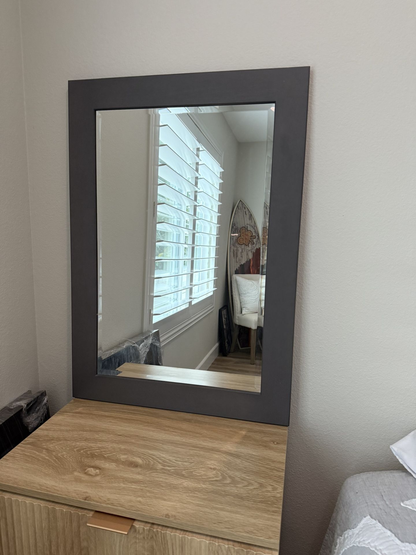 Gray framed mirror 24 x 34”
