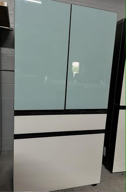 Bespoke 4-Door French Door Refrigerator (29 cu. ft.) with Beverage Center in Morning Blue Glass Top Panels and White Glass Middle and Bottom Panels
