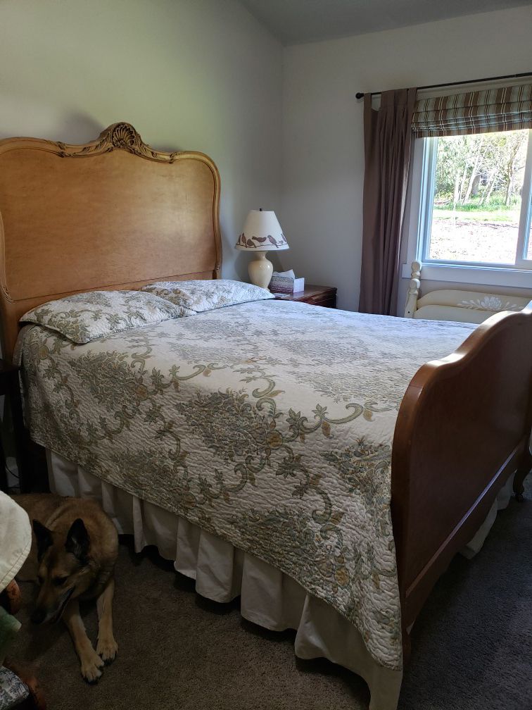 NEW PRICE! $160. Vintage maple burl double bed with mattress set