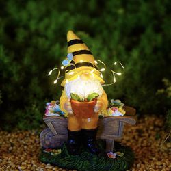 Garden Gnome Decor Gnomes with Solar Flower Lights Bee Gnome on Flower Cart Outside Decor for Patio Yard Lawn Porch Decorations