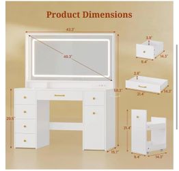Vanity Desk With Large Led Mirror And Lights, Makeup Table With 6 Drawers And Power Outlet, Rolling Makeup Cart, Modern Storage Dressing Table, White