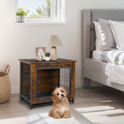 New Wooden Dog Crate Furniture End Table Kennel Double Doors Brown