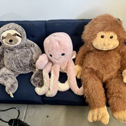 Large Plush Toys – Sloth, Octopus & Bigfoot – Great Condition!