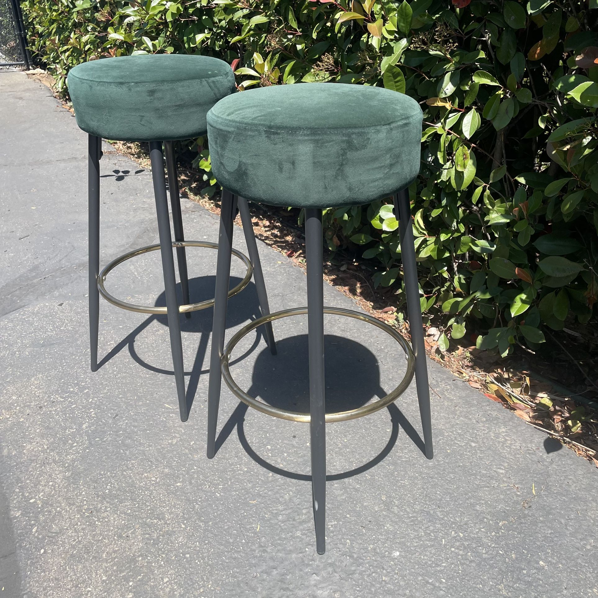 Velvet Bar Stools Dark Forest Green Set Of 2 Black Gold Accents