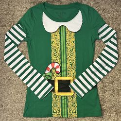 Wound Up Women’s Junior Size M Green Elf Striped Long Sleeve Christmas T-Shirt