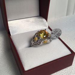 New Citrine Daisy Ring, size 9.25, Sterling Silver Filled