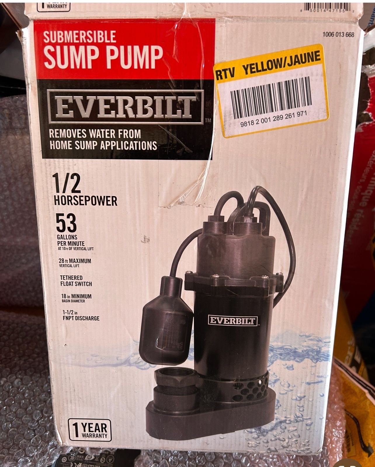 New 1/2 HP Sump Pump With Teather Switch