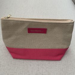 Canvas Makeup Bag Beige Pink Zipper 9x6x3i