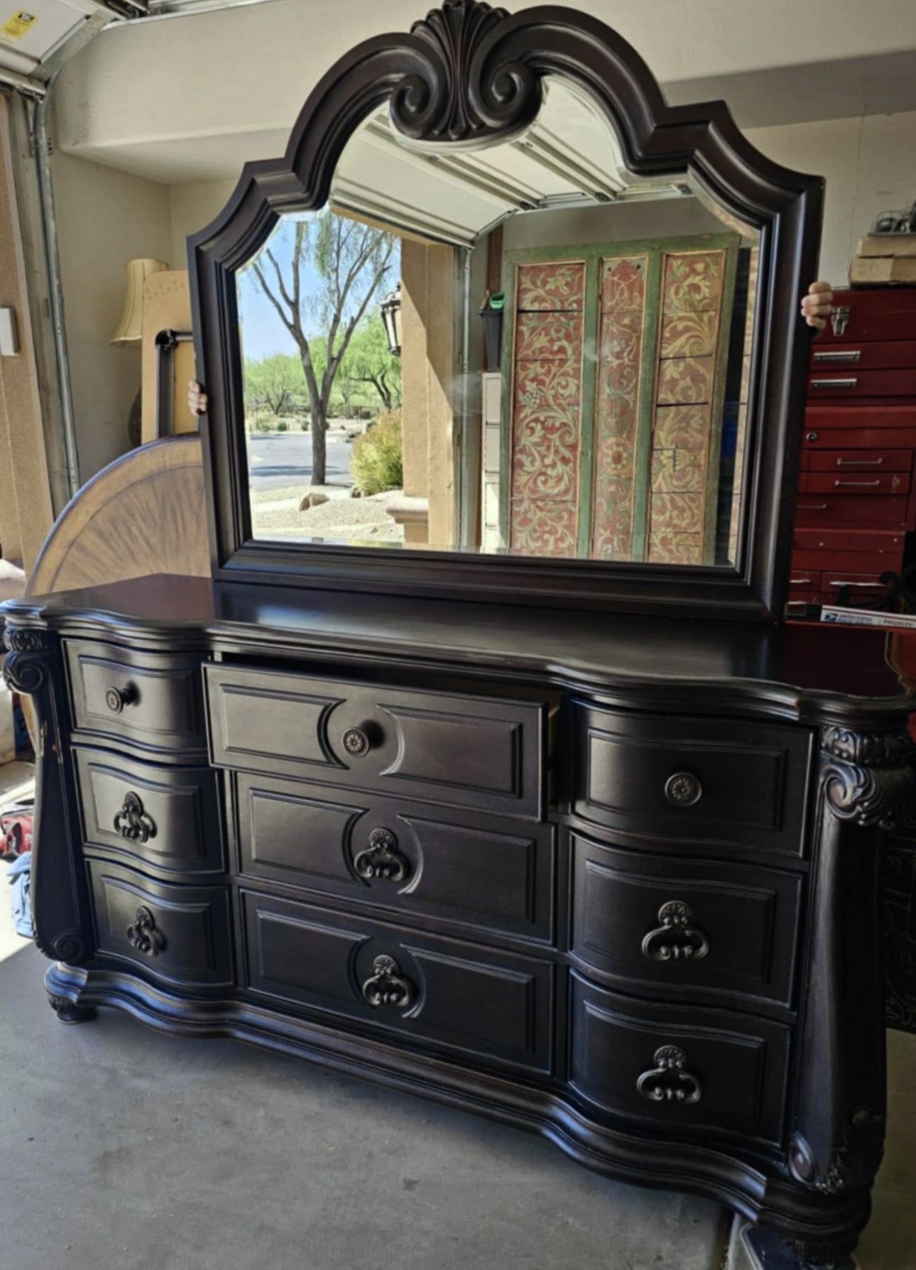 Large Dresser & Decorative Mirror, Magnussen Home Vellasca Collection, Antique Ebony