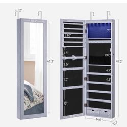 6 LEDs Mirror Jewelry Cabinet, 47.2-Inch Tall Lockable Wall or Door Mounted Jewelry Armoire Organizer with Mirror, 2 Drawers, 3.9 x 14.6 x