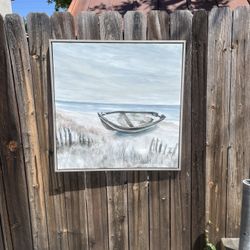 23 x 23 Framed Painting of Sailboats on the Water – Five Sailboats on Square Canvas – Light Blues, Whites, and Red Accents – Great Home Decor