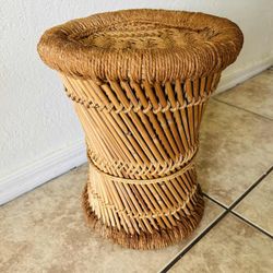 VTG 1970's Round Wicker Stool, Bamboo Plant Stand Mid Century Modern Home Decor (Phoenix)