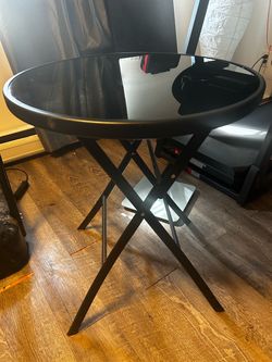 Five Round Foldable Tray Table Black Metal Frame Glass Top Powder Coat 30x40in
