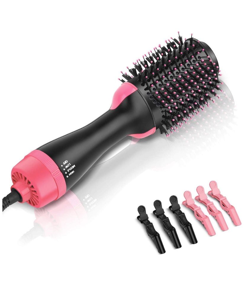 One-Step Growom Hot Air Brush, Hair Dryer, Straightener, Curler, Hair Styler, Designer and Volumizer, with 6pcs Plastic Alligator Hairgrips