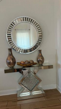 Mirror and glass mirror table with  vase and  ball
