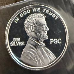 1 Gram .999 Fine Silver Round Lincoln Shield Penny Design..