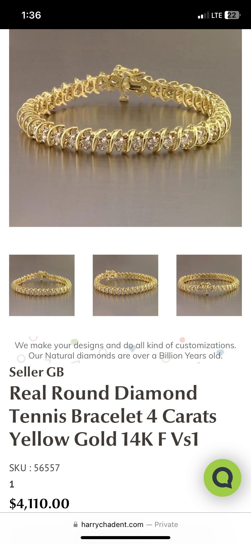 Real Round Diamond Tennis Yellow Gold 4 Carrots Vs1 Diamonds 7 Inches